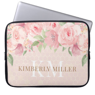 Funda Para Portátil Monograma de floral rosa de color de agua dorado R
