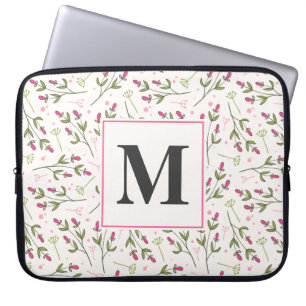 Funda Para Portátil Monograma de flores silvestres rosas y verdes