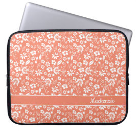 Funda Para Portátil Monograma de Flores Tropicales Girly Coral Peach