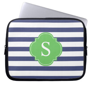Funda Para Portátil Monograma de franjas azules y verdes