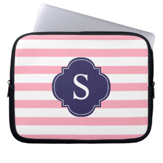 Funda Para Portátil Monograma de franjas rosadas y azules