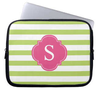 Funda Para Portátil Monograma de franjas rosadas y verdes