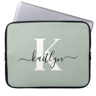 Funda Para Portátil Monograma de guión de color verde sabio moderno