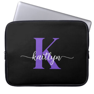 Funda Para Portátil Monograma de guión morado negro