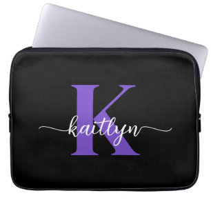 Funda Para Portátil Monograma de guión negro morado