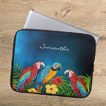 Funda Para Portátil Monograma de hojas de palma de loros azules<br><div class="desc">Aves tropicales,  loros en azul,  amarillo y rojo sentados sobre hojas de palma verdes. Decorado con flores tropicales. Un cielo azul oscuro como fondo. El color azul es desigual. Plantilla para un guión de nombre con letras blancas a mano.</div>