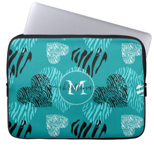 Funda Para Portátil Monograma de impresión de cebra blanca verde azula