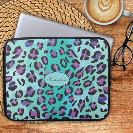 Funda Para Portátil Monograma de Impresión de Leopardo Azul y Púrpura