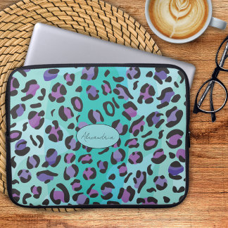 Funda Para Portátil Monograma de Impresión de Leopardo Azul y Púrpura