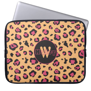 Funda Para Portátil Monograma de impresión de leopardo negro rosado