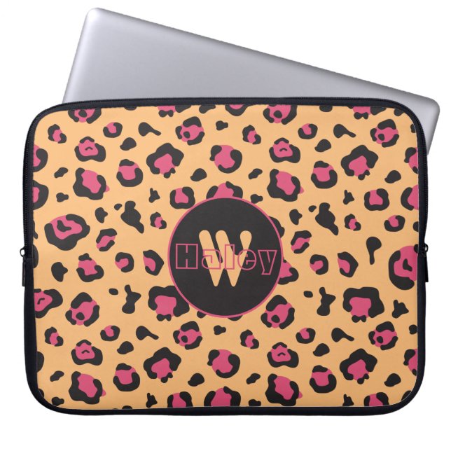 Funda Para Portátil Monograma de impresión de leopardo negro rosado (Frente)