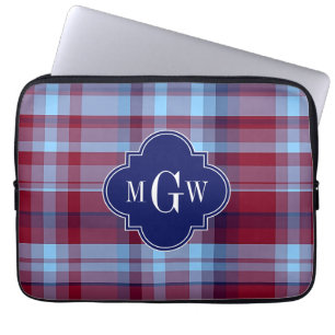 Funda Para Portátil Monograma de la Marina Azul Sky Borgoña Madras Pre