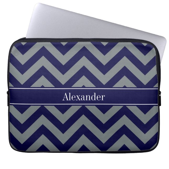 Funda Para Portátil Monograma de la Marina de Chevron, Carbón LG Nombr (Frente)