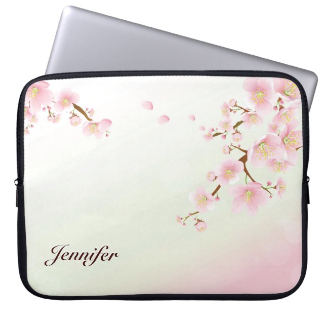 Funda Para Portátil Monograma De La Naturaleza Del Cerezo Rosa Y Blanc (Frente)