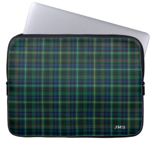 Funda Para Portátil Monograma de la tela escocesa del verde del tartán