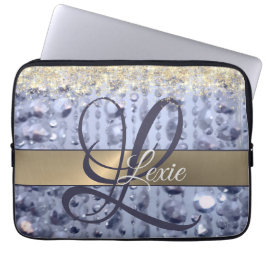 Funda Para Portátil Monograma de las perlas azules Purpurinoso deslumb