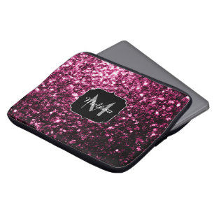 Funda Para Portátil Monograma de lentejuelas brillantes rosa oscuro fa