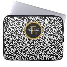 Funda Para Portátil Monograma de Leopardo de Oro Girly Black