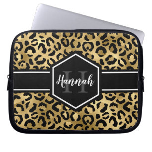 Funda Para Portátil Monograma de lugares de leopardo negro dorado