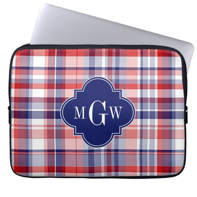 Funda Para Portátil Monograma de madrás de perrito azul rojo (Frente)
