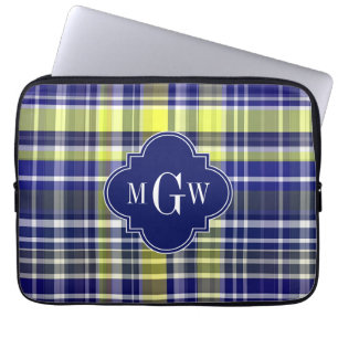 Funda Para Portátil Monograma de Madras de pinátula blanca azul de la