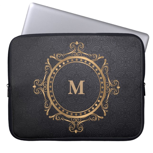Funda Para Portátil Monograma de Mandala ornamental de lujo negro (Frente)