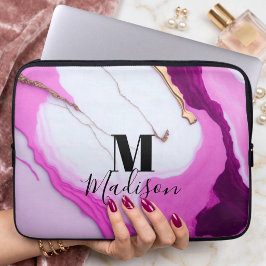Funda Para Portátil Monograma de mármol blanco con gotas de oro rosa f