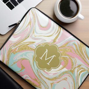 Funda Para Portátil Monograma de Mármol rosa y dorado
