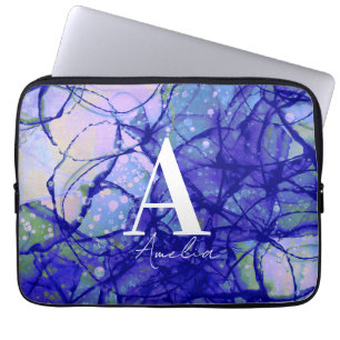 Funda Para Portátil Monograma de moda Nombre personalizado Resumen azu