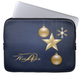 Funda Para Portátil Monograma de Navidad Adornos Dorados Azul Marino