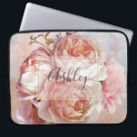 Funda Para Portátil Monograma de nombre de PEONA FLORAL BOTÁNICA<br><div class="desc">NOMBRE DE PEONÍA DE FLORAL BOTÁNICO Monograma - Perserve su ordenador con estilo con este magnífico diseño con un hermoso ramo de rosas rosas rosas y peones, sobre un hermoso fondo de color rosa y azul acuático. Una elegante capa de pantalla blanca bordeada por un trazo de hoja de oro...</div>