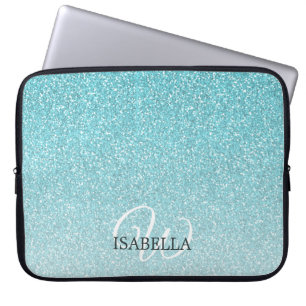 Funda Para Portátil Monograma de nombre de sonido Purpurina azul perso