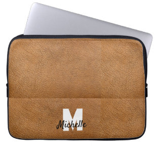 Funda Para Portátil Monograma de nombre personalizado de cuero marrón