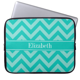 Funda Para Portátil Monograma de nombre Verde azulado de chevron de co