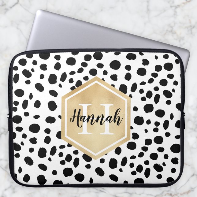 Funda Para Portátil Monograma de oro del patrón Black White Spots (Subido por el creador)