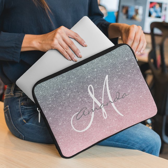 Funda Para Portátil Monograma de oro plateado Rosa personalizado (Subido por el creador)