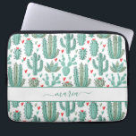 Funda Para Portátil Monograma de patrón blanco verde de Cactus<br><div class="desc">Un fondo blanco de moda decorado con un patrón de cactus pintados, cactus y suculentos y corazones rojos y verdes. Para chicas adolescentes y mujeres. Personaliza y agrega tu nombre. El nombre está escrito con un gran guión moderno de estilo con letras a mano. Letras de color verde. Para que...</div>