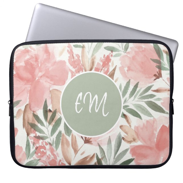 Funda Para Portátil Monograma de patrón floral de acuarela (Frente)