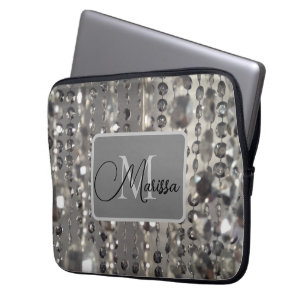 Funda Para Portátil Monograma de perlas de plata espárrago