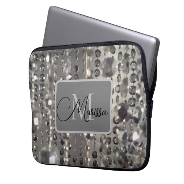 Funda Para Portátil Monograma de perlas de plata espárrago (Anverso izquierdo)