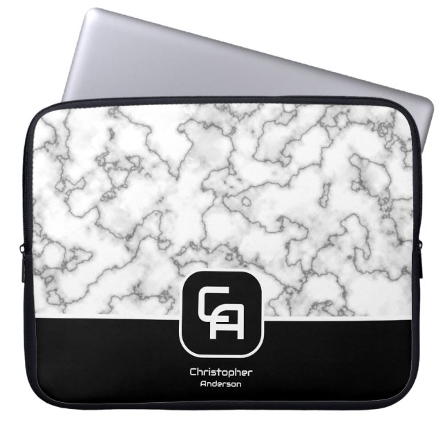 Funda Para Portátil Monograma de piedra negro blanco (Frente)