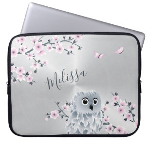 Funda Para Portátil Monograma de plata rosa de búho blanco