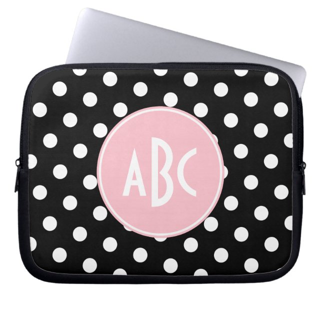 Funda Para Portátil Monograma de Punto de Polka Blanco y Negro Rosa (Frente)