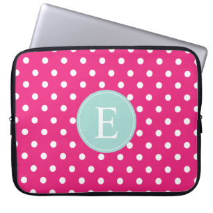 Funda Para Portátil Monograma de punto de polka rosa caliente