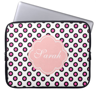 Funda Para Portátil monograma de puntos de polka de círculo rosa y neg