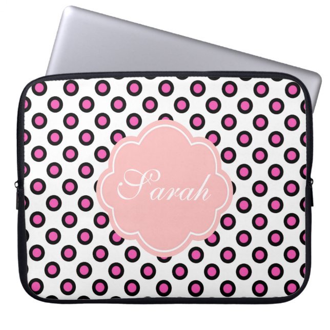 Funda Para Portátil monograma de puntos de polka de círculo rosa y neg (Frente)