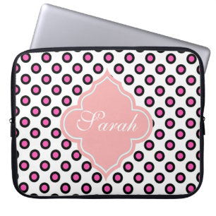 Funda Para Portátil monograma de puntos de polka de círculo rosa y neg