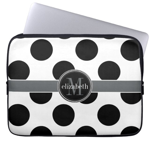 Funda Para Portátil Monograma de puntos de Polka grande en blanco y ne (Frente)