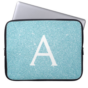 Funda Para Portátil Monograma de Purpurina azul Verde azulado Aqua y E