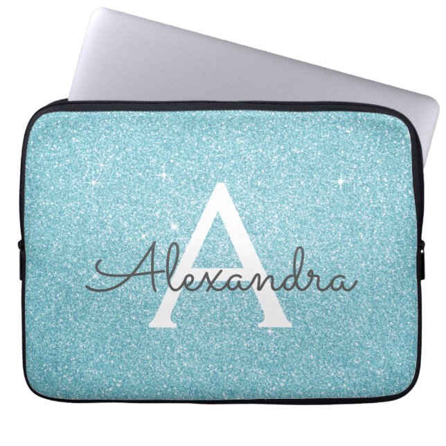 Funda Para Portátil Monograma de Purpurina azul Verde azulado Aqua y E (Frente)